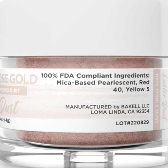 Close up view of a 4 gram jar of Luster Dust in Antique Rose Gold. | bakell.com