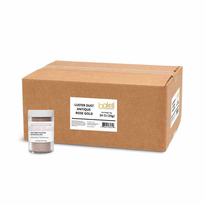 A 25 gram jar of Luster Dust in Antique Rose Gold color in the front, and a wholesale box behind it. | bakell.com