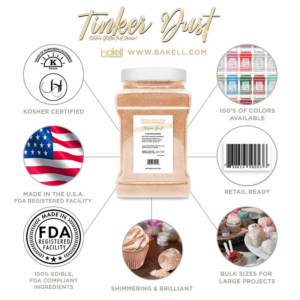Infographic of Rose Gold Edible Glitter, 1 pound | bakell.com