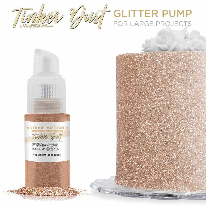 Front View of a 25 gram pump of Antique Rose Gold Edible Glitter Private Label to the left, and a glitter decorated cake to the right. | bakell.com