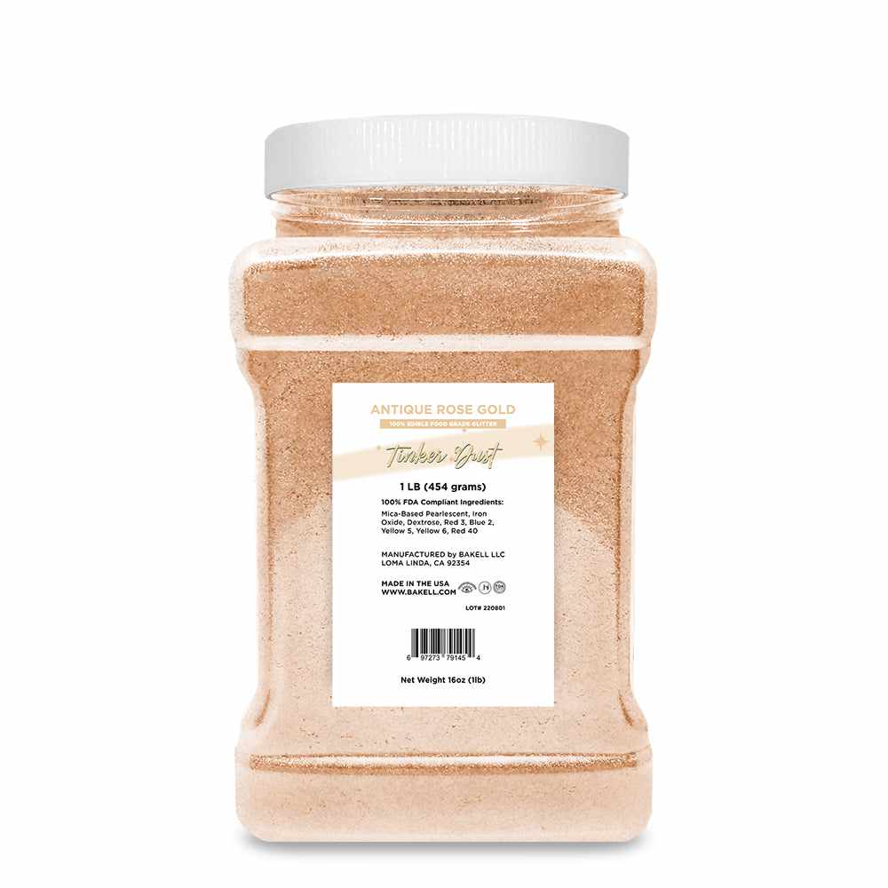 Front view of a container of 1 pound of Rose Gold Edible Glitter| bakell.com