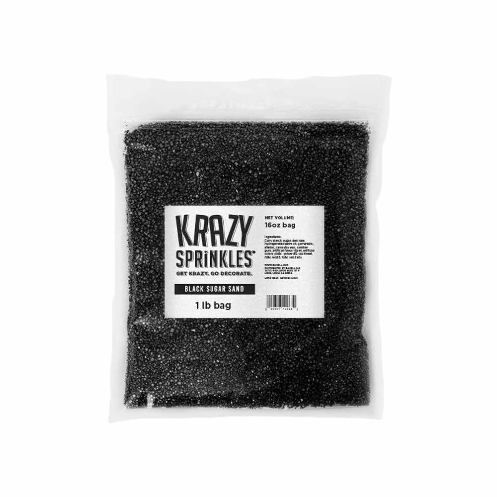Front view of 1 pound of Black sanding sugar in a bag labeled Krazy Sprinkles. | bakell.com