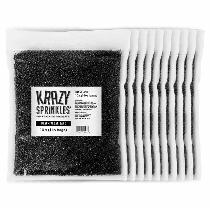 Front view of ten 1 pound bags of Black Sugar Sand, with all of them labeled Krazy Sprinkles. | bakell.com