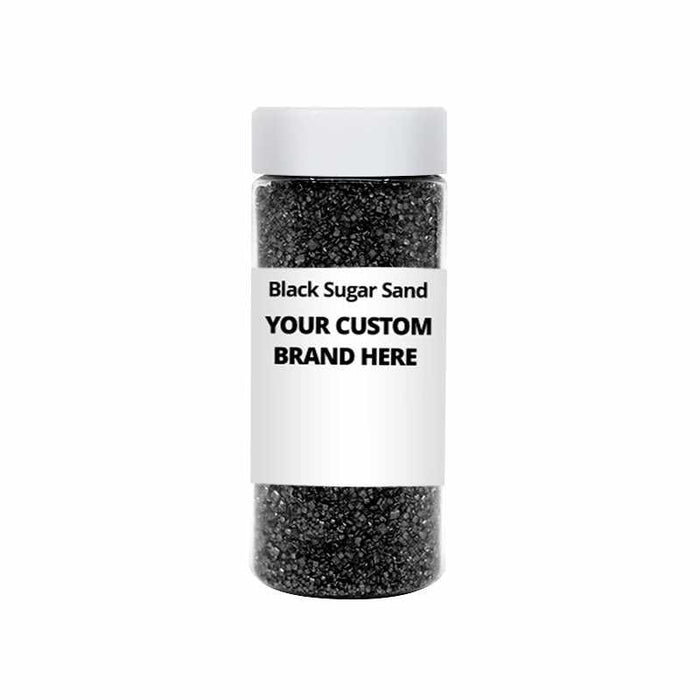 A Front View of a Jar of Black Sugar Sand, With a Label That Says "Your Custom Brand Here" | bakell.com