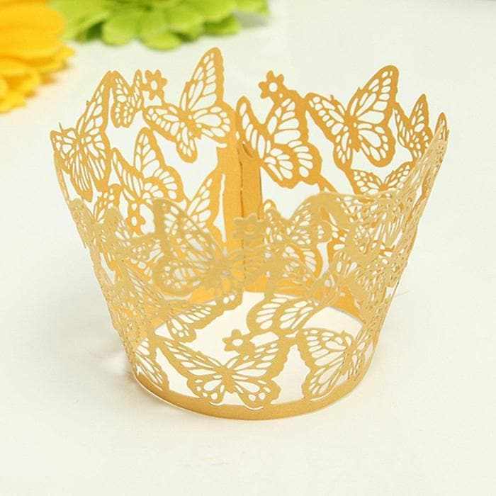Bright Gold Butterfly Lace Cupcake Wrappers & Liners  | Bakell® Baking Products