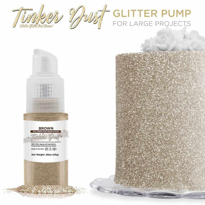 Front view of a 25g brown edible glitter spray pump to the left,  and a cake with Brown edible glitter covering it to the right. | bakell.com