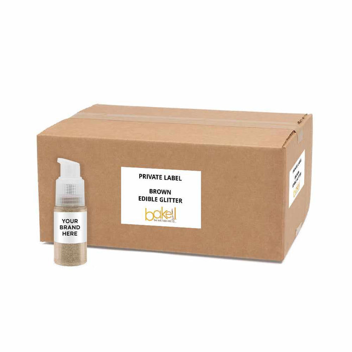 Front view of 25 gram pump of Brown Edible Glitter with a Private Label box behind it. | bakell.com