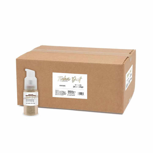 Front view of 25 gram Brown edible glitter pump with a wholesale box behind it. | bakell.com