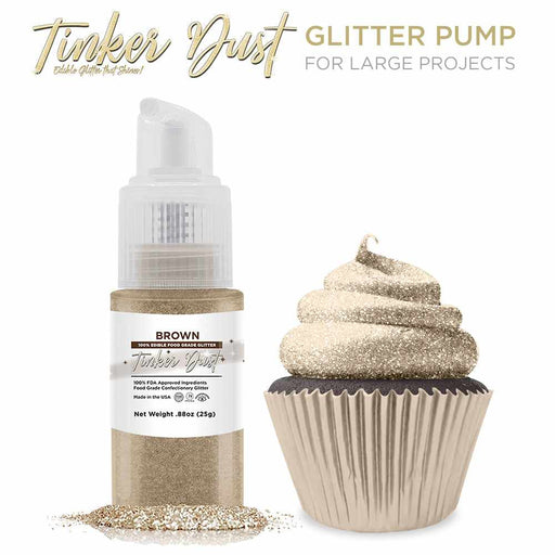 Front view of a 25g brown edible glitter spray pump to the left, and a chocolate cupcake with Tinker Dust on top of it, on the right. | bakell.com