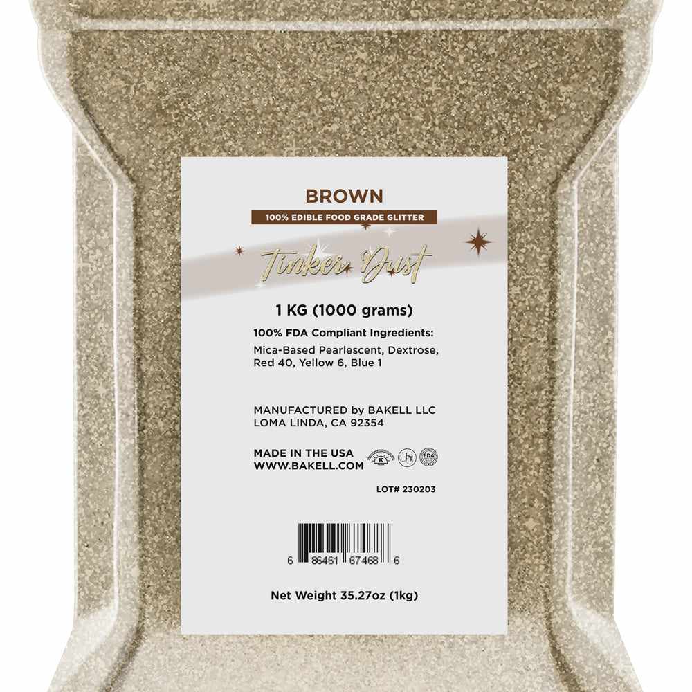 Close up view of a 1 kilogram container of Brown edible glitter. | bakell.com