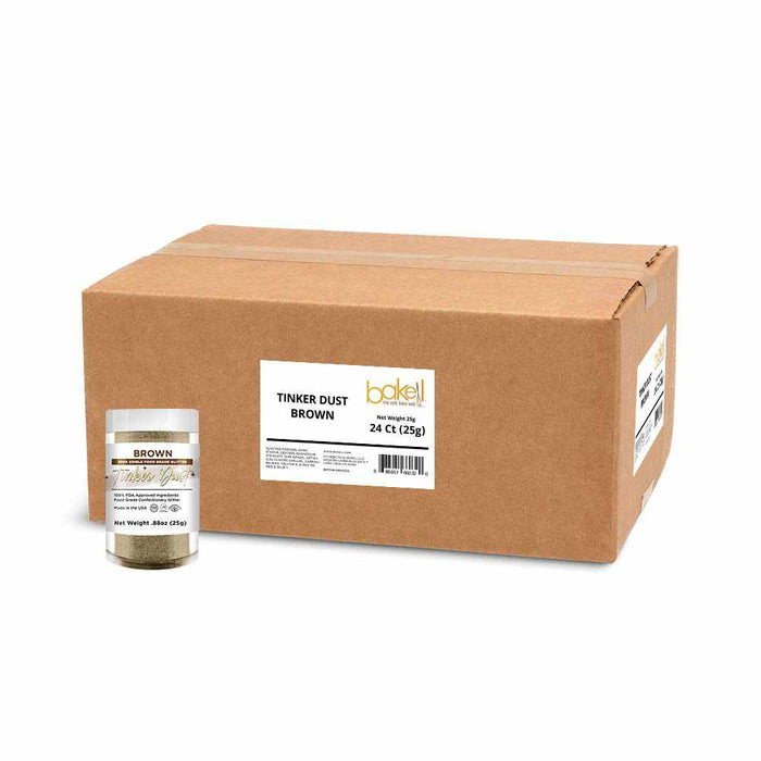  A Jar of 50g edible glitter in Brown, with a wholesale box behind it. | bakell.com
