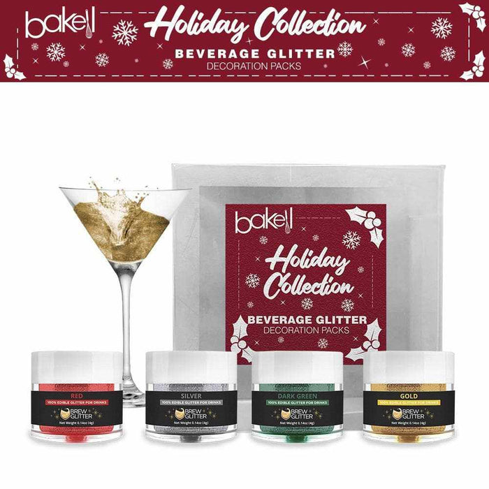 Christmas Brew Glitter set with red, silver, dark green, and gold edible beverage glitter jars, plus a martini glass.