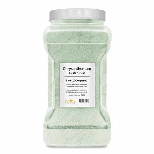 1kg bulk jar of Chrysanthemum Green Luster Dust, a fine, pearlized edible powder.