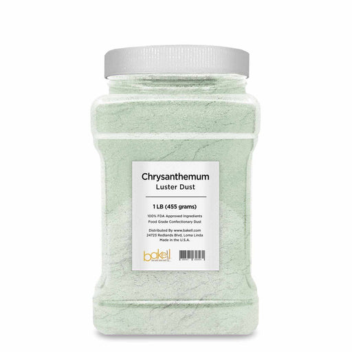 1 LB Chrysanthemum Green Luster Dust in a clear plastic jar with a white lid.