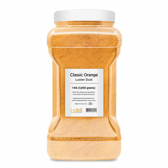 1kg bulk Classic Orange Luster Dust in a clear plastic jar with a white lid.