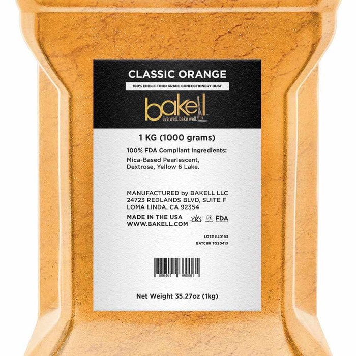 Bakell Classic Orange Luster Dust, 1kg bulk size, in a clear bag with black label.