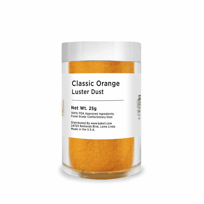 25g jar of Classic Orange Luster Dust, a fine, pearlescent food-grade powder.