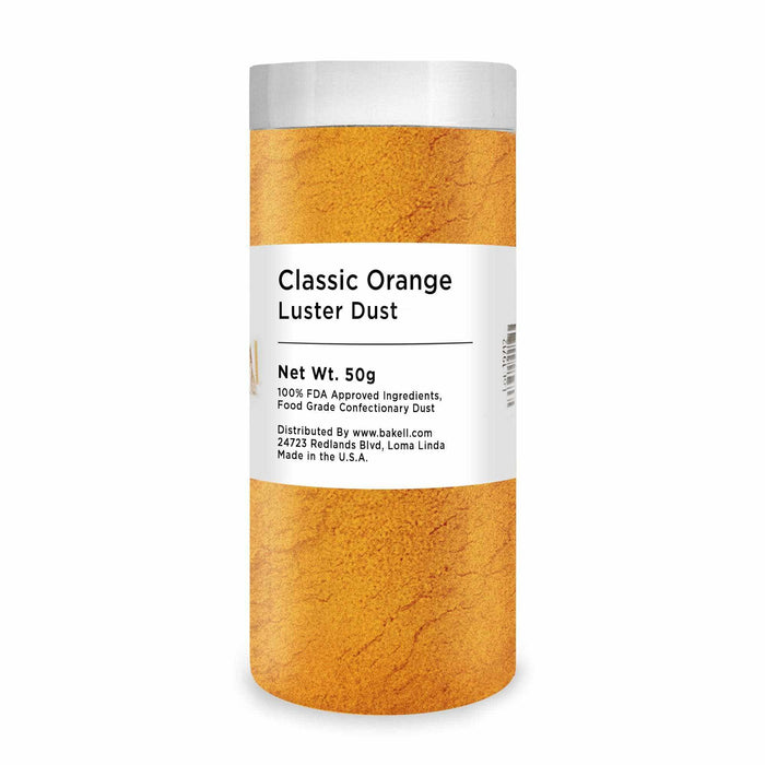 Classic Orange Luster Dust, 50g jar, food-grade pearlescent powder for cakes and desserts.