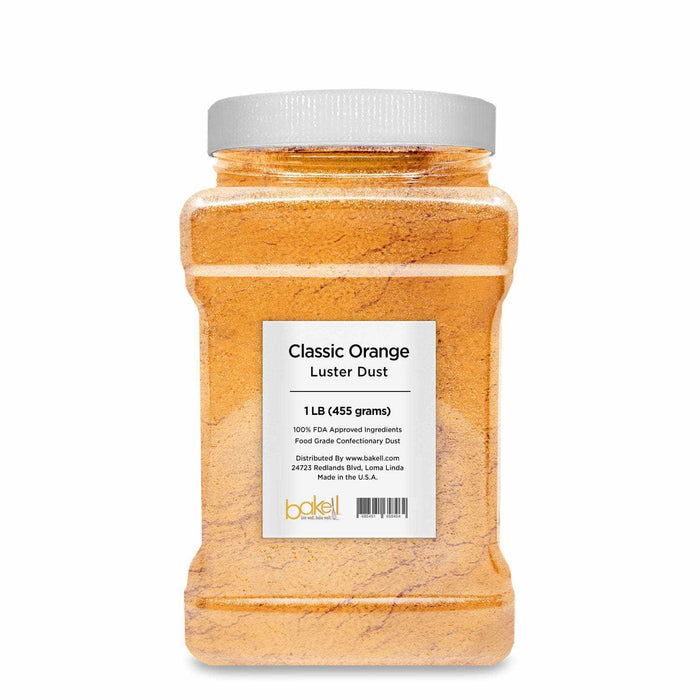 1 LB Classic Orange Luster Dust in a clear plastic jar with a white lid.