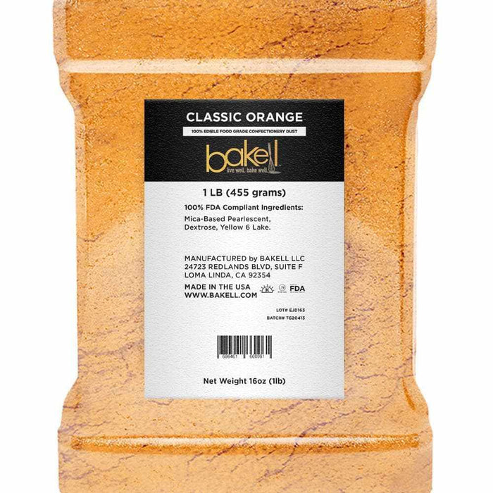 Classic Orange Luster Dust, 1lb (455 grams) bulk container with black label.