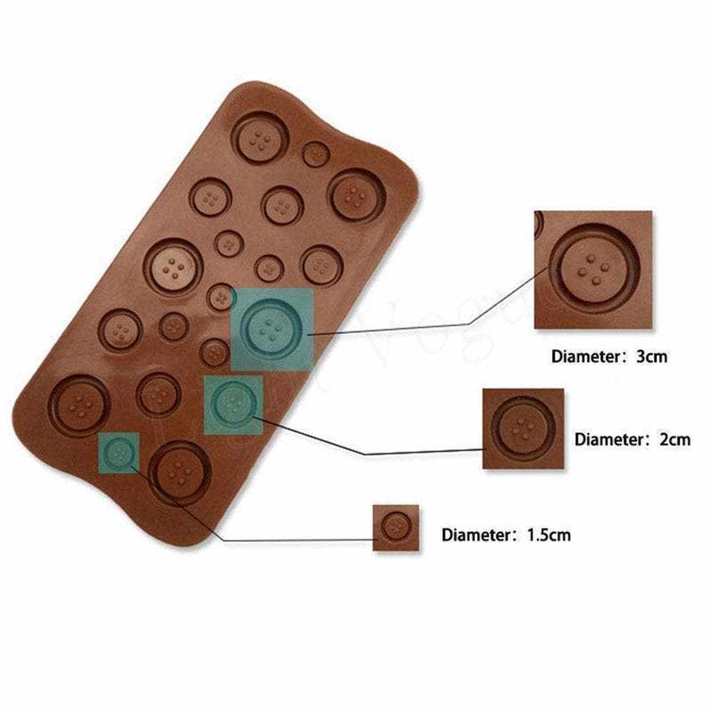 Brown silicone mold, 8x4 inches, with multiple button shapes in 3 sizes: 1.5cm, 2cm, and 3cm diameter.