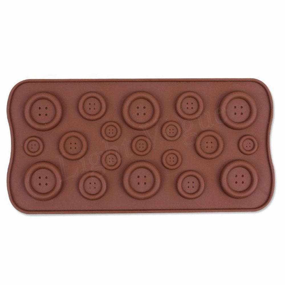 Brown silicone mold with various sized button shapes for chocolate or fondant.