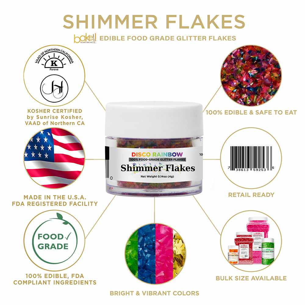 Infographic of a 4 gram jar of Disco Rainbow Edible Shimmer Flakes | bakell.com