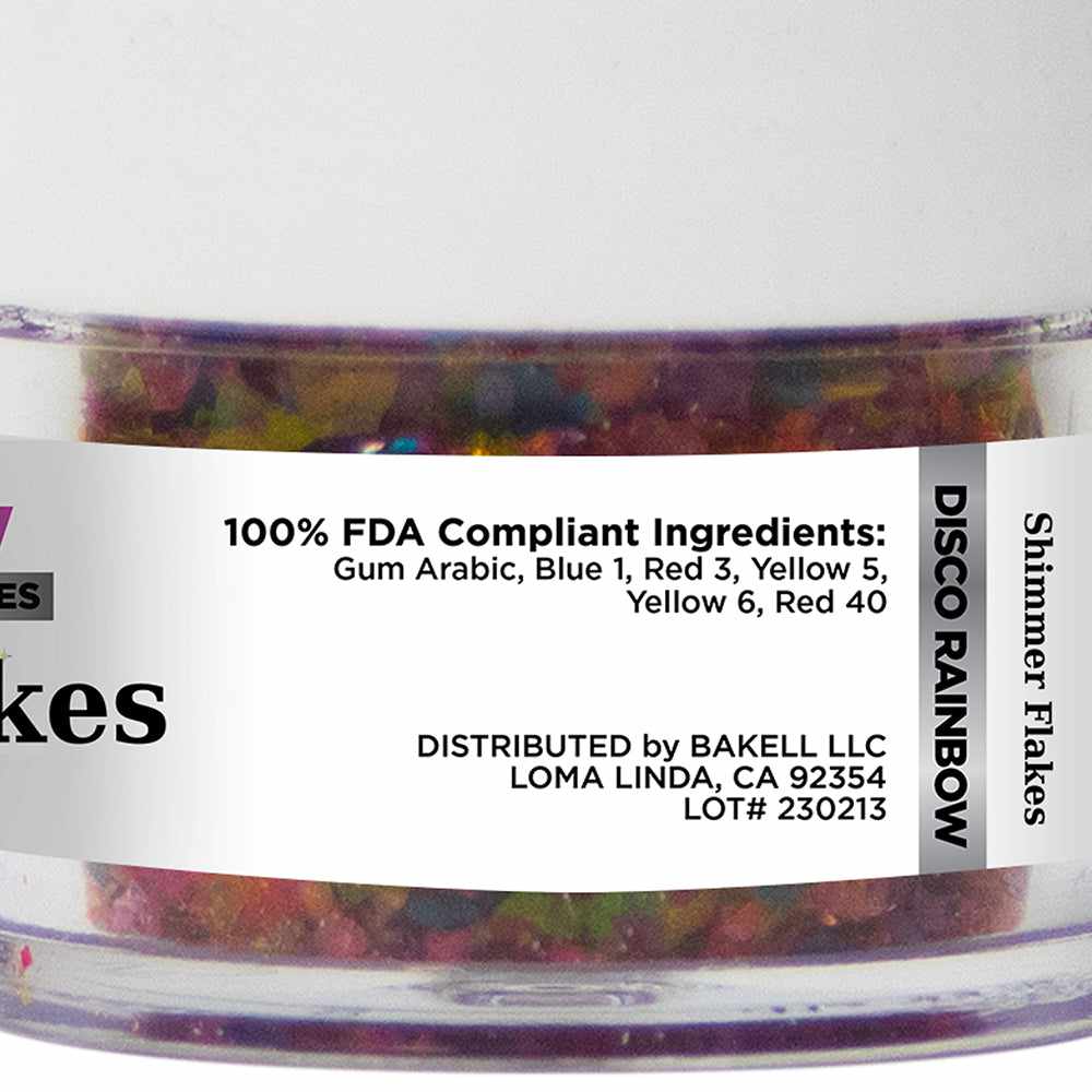 Side view of 4 gram jar of Disco Rainbow Edible Shimmer Flakes | bakell.com