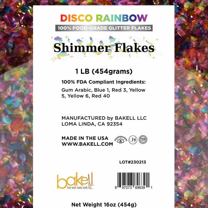 Label of 1 pound of Disco Rainbow Edible Shimmer Flakes | bakell.com