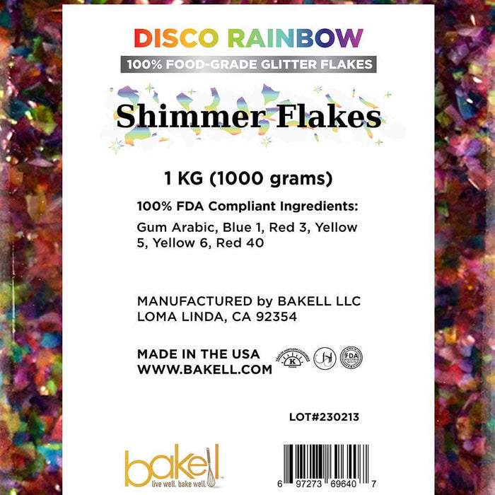 Label that is on a 1 kilogram container of Disco Rainbow Edible Shimmer Flakes | bakell.com