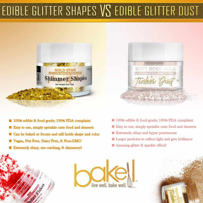 Infographic comparing Edible Glitter Flakes to Edible Glitter Dust | bakell.com