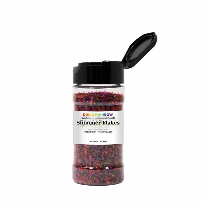 Front View of 45 gram shaker of Disco Rainbow Edible Shimmer Flakes | bakell.com