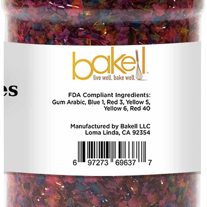 Side label of 45 gram jar of Disco Rainbow Edible Shimmer Flakes | bakell.com