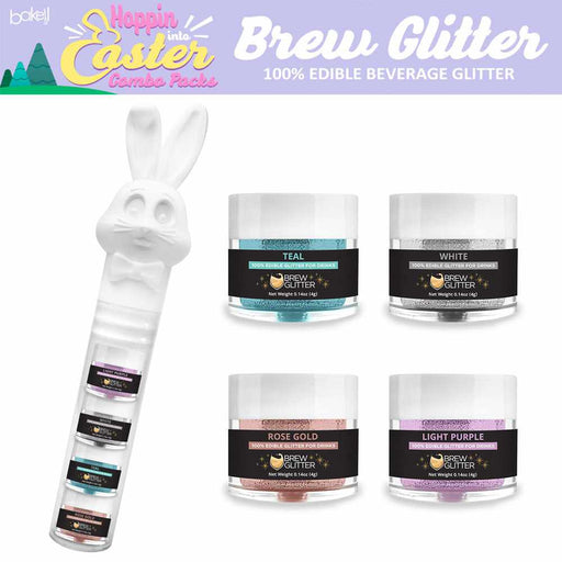 Front View of an Easter Bunny Headed Container holding four 5 gram jars of edible drink glitter in the following colors: Teal, White, Rose Gold and Light Purple. To the right of this are a close up view of all four drink glitter jars. | bakell.com