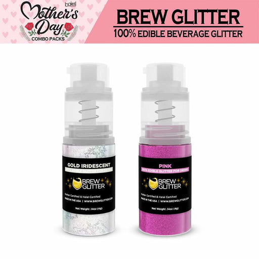 Front view of Gold drink glitter 4 gram pump and pink edible drink glitter 4 gram pump. | bakell.com
