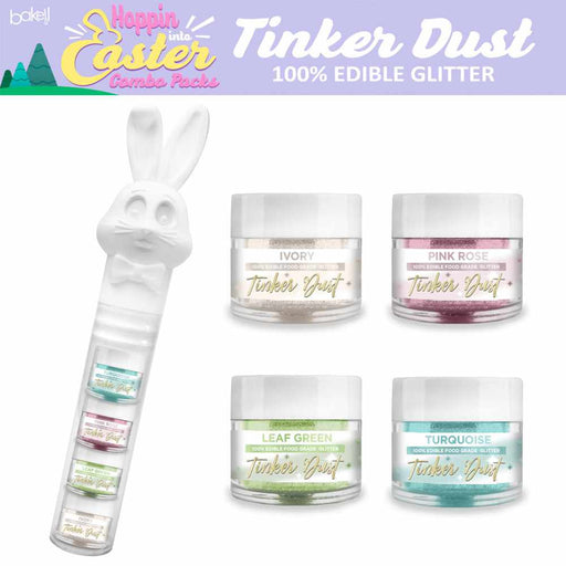 Front View of an Easter Bunny Headed Container of four 5 gram jars of Edible Glitter Tinker Dust in the following colors: Ivory, Pink Rose, Leaf Green and Turquoise.  To the right of this are a close up view of all four food glitter jars. | bakell.com