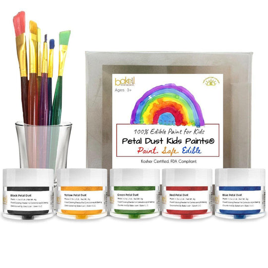 Bakell 11-piece edible kids paint set with 5 vibrant colors (red, blue, yellow, green, black) and 6 paint brushes.