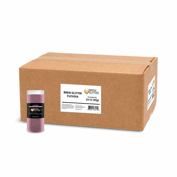Front View of a 50 gram Jar of Fuchsia Edible Glitter for Drinks, with a Wholesale  Box Behind It | bakell.com