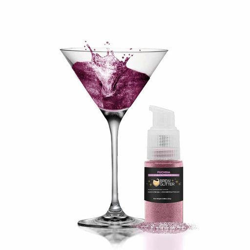 Front view of a wine glass to the left, and a 25 gram pump of Edible Glitter Spray Pump to the right. | bakell.com