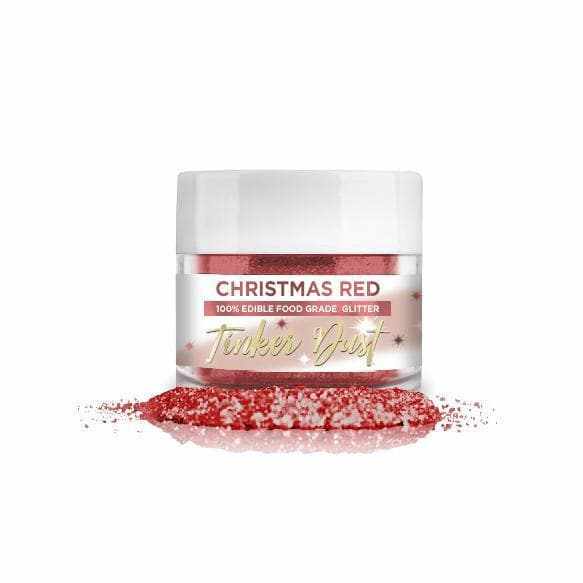 Jar of Christmas Red Tinker Dust edible glitter, 5g, with a pile of red glitter in front.