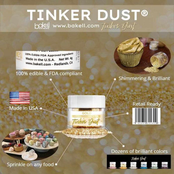 Gold Tinker Dust edible glitter jar with sprinkles, cupcake, and product features.