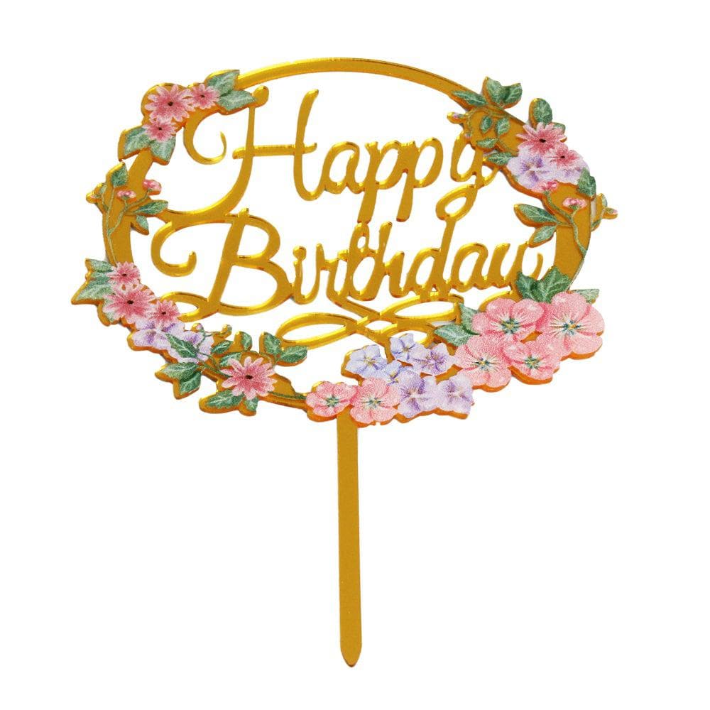 Gold Floral Happy Birthday | Birthday Cake Topper | Bakell — Bakell® gold-floral-happy-birthday-birthday-cake-topper-bakell-bakell