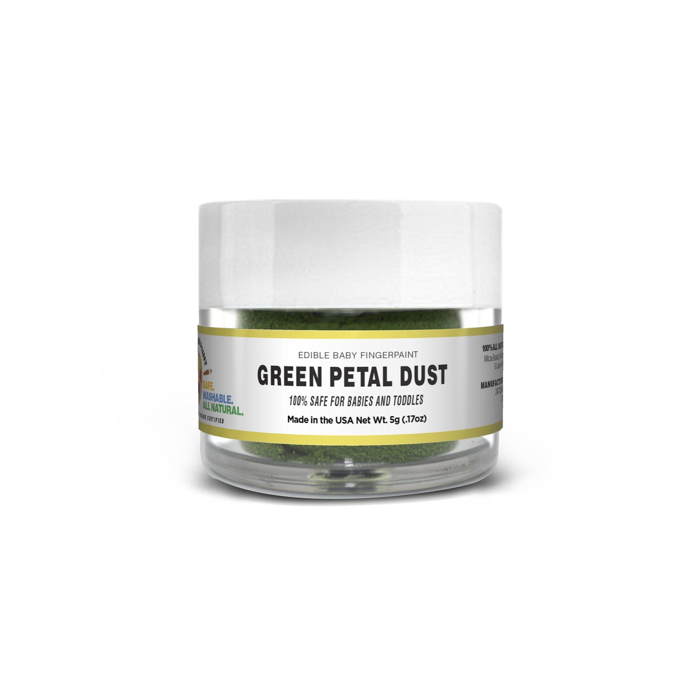 Green Natural Petal Dust Edible Baby Finger Paint in a clear jar with a white lid.