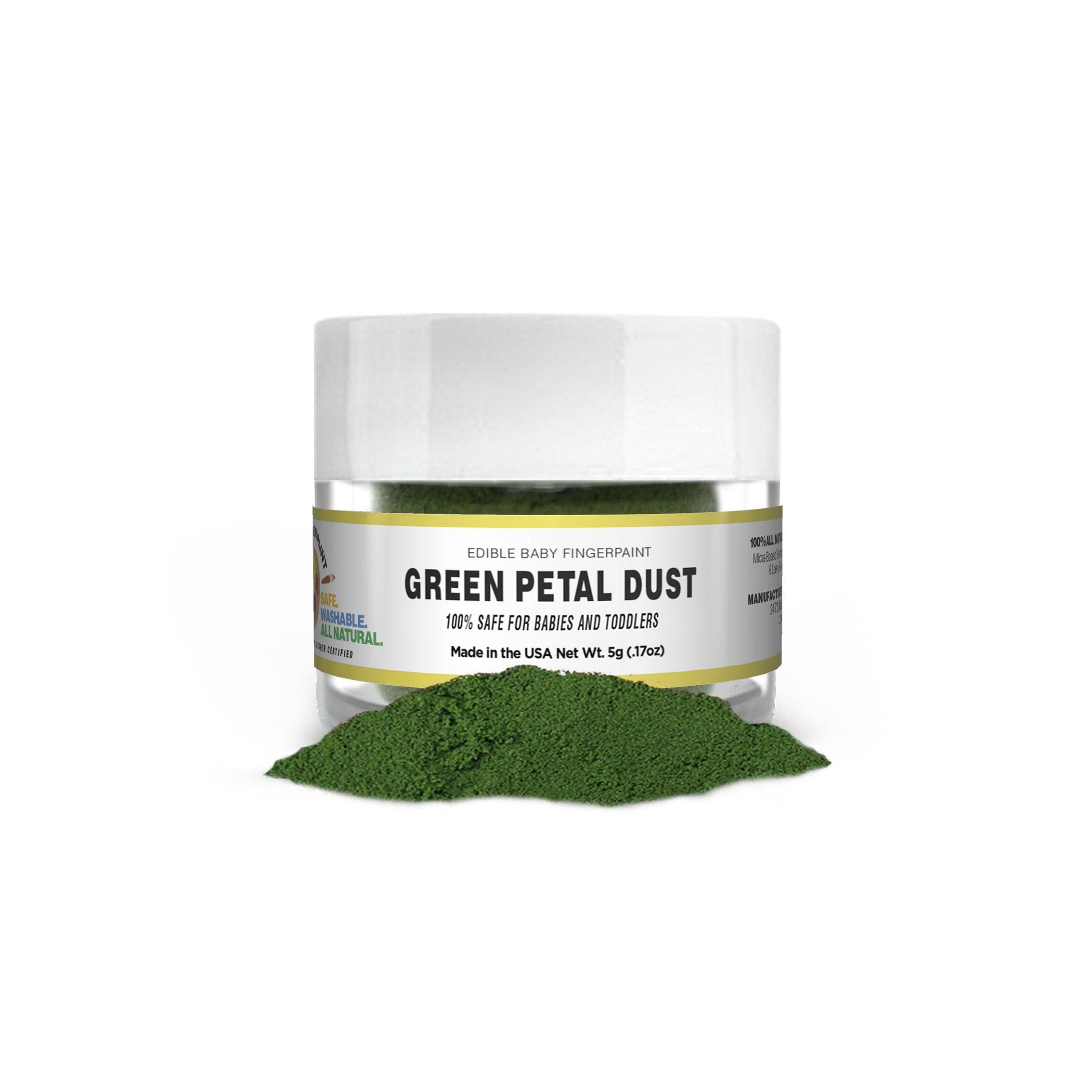 Green Petal Dust edible baby finger paint powder in a clear jar with a pile of green powder.