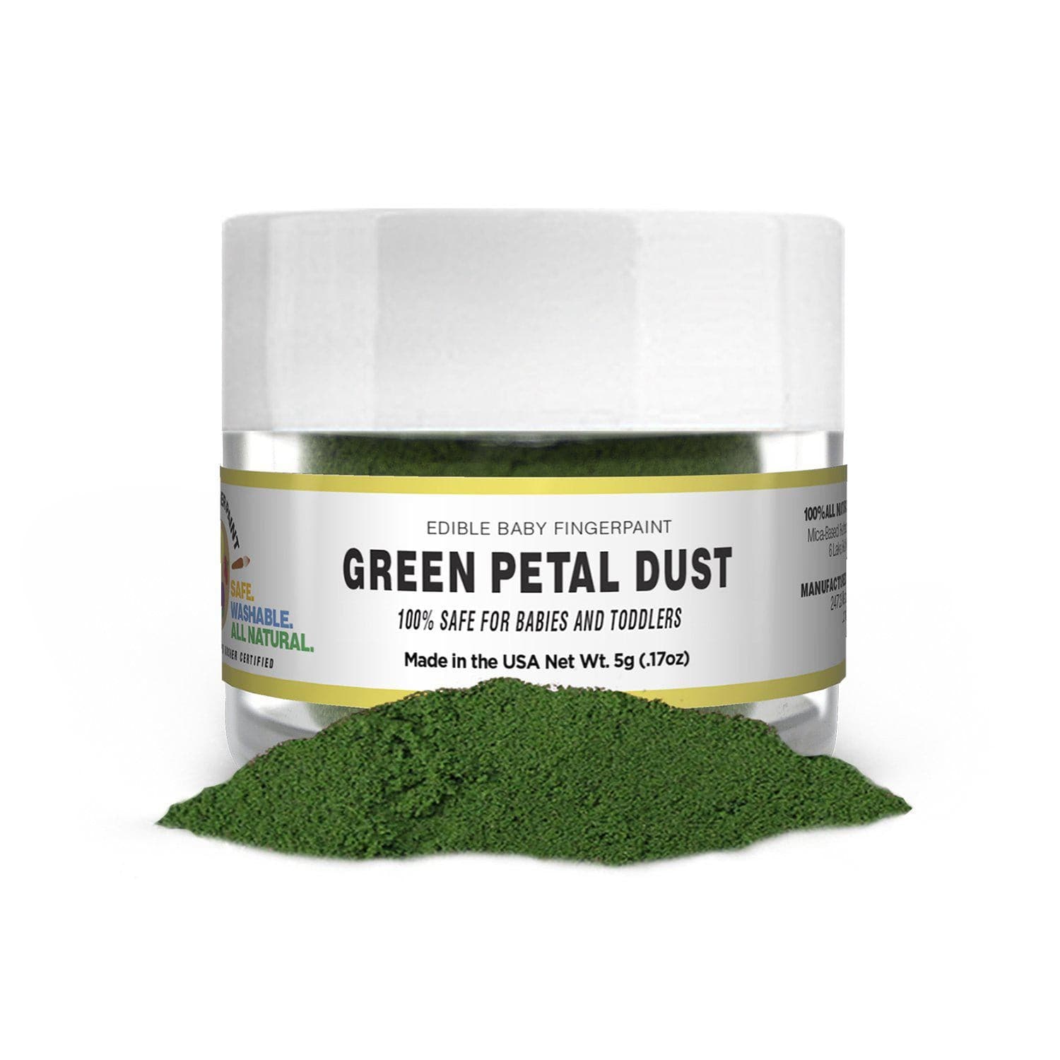 Green Petal Dust edible baby finger paint in a clear jar with a pile of green powder.