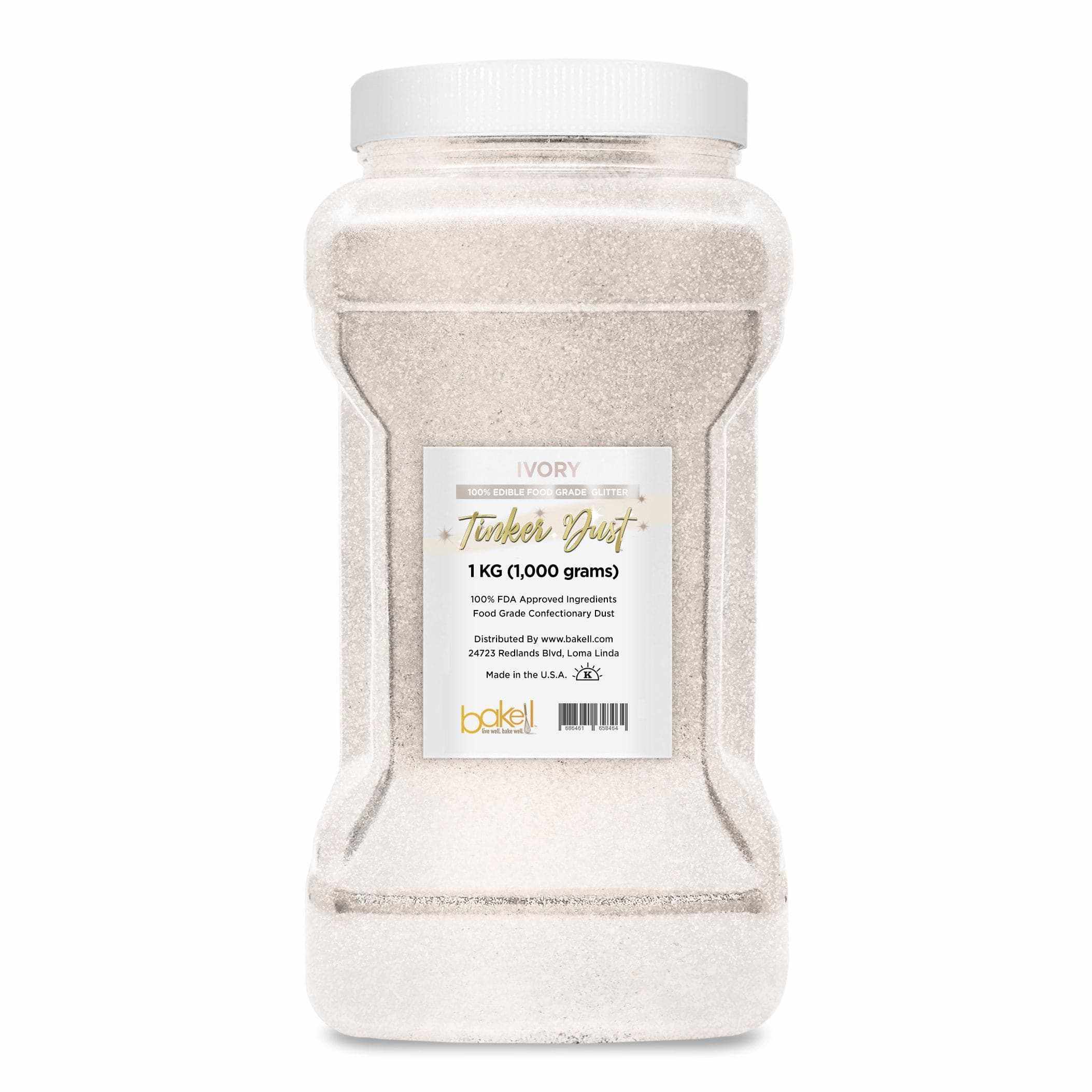 Large 1kg bulk container of Ivory Tinker Dust edible glitter with white lid and label.