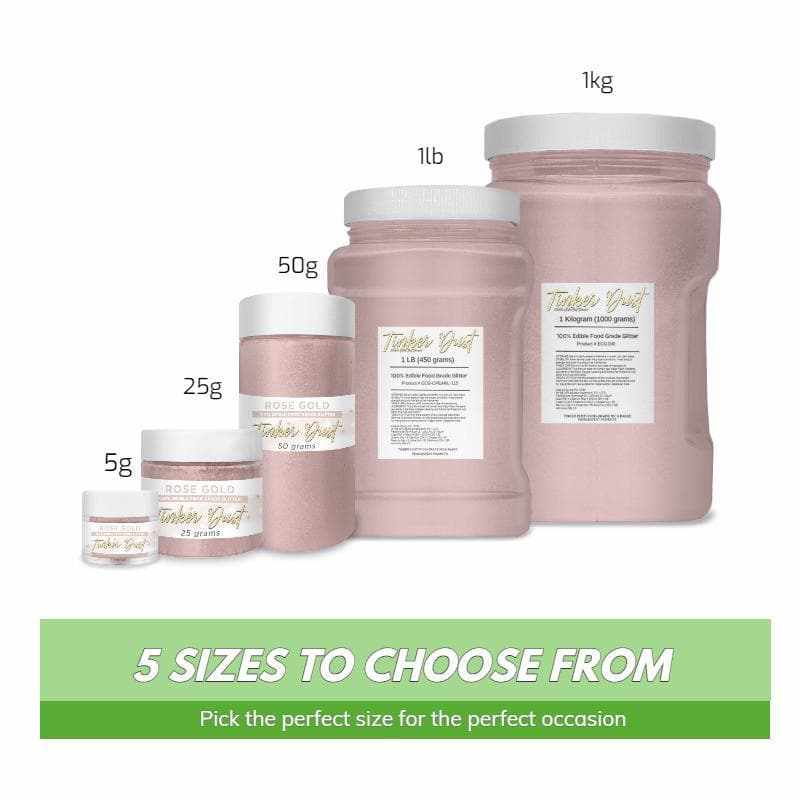 Rose Gold Tinker Dust edible glitter in 5 different bulk sizes: 5g, 25g, 50g, 1lb, and 1kg.