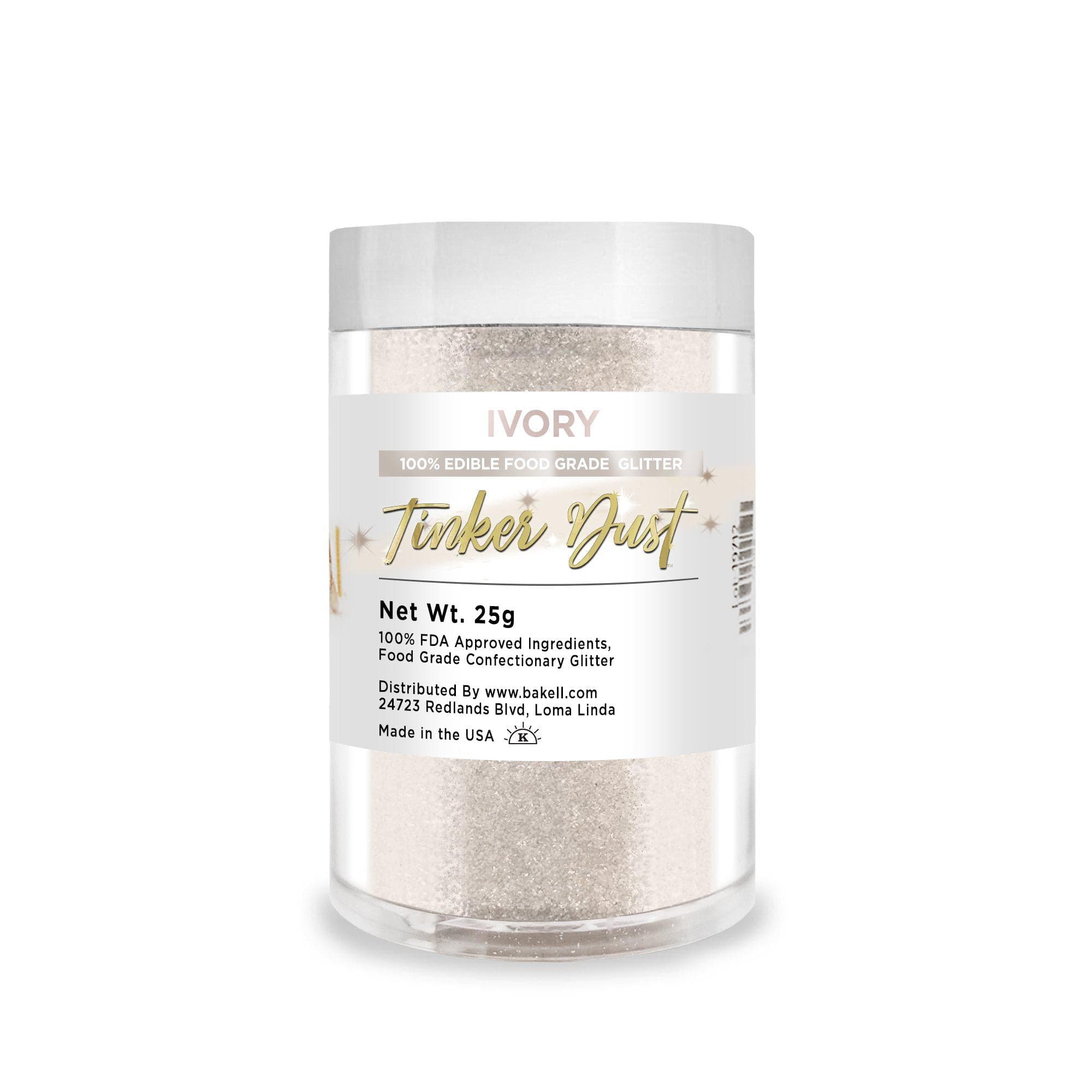 Ivory Tinker Dust edible glitter in a clear 25g jar with a white lid.