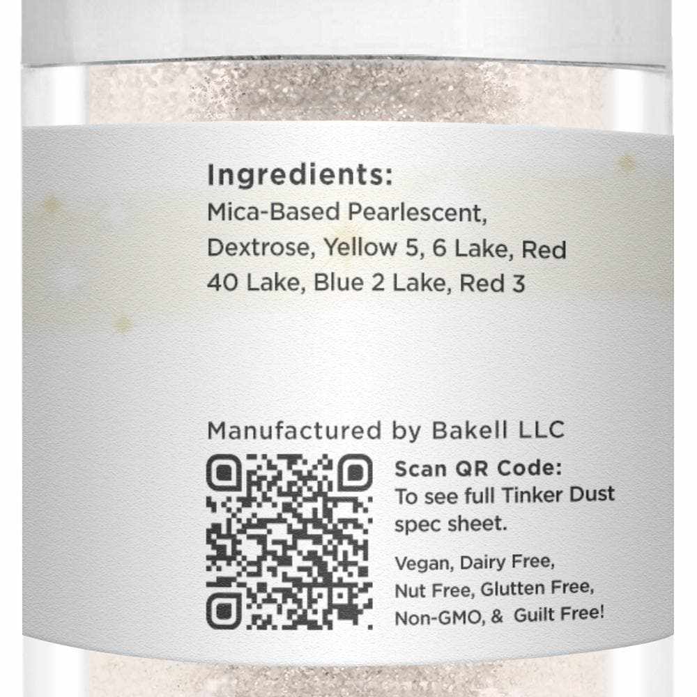 Close-up of Ivory Tinker Dust edible glitter in a bulk container with ingredients and QR code.