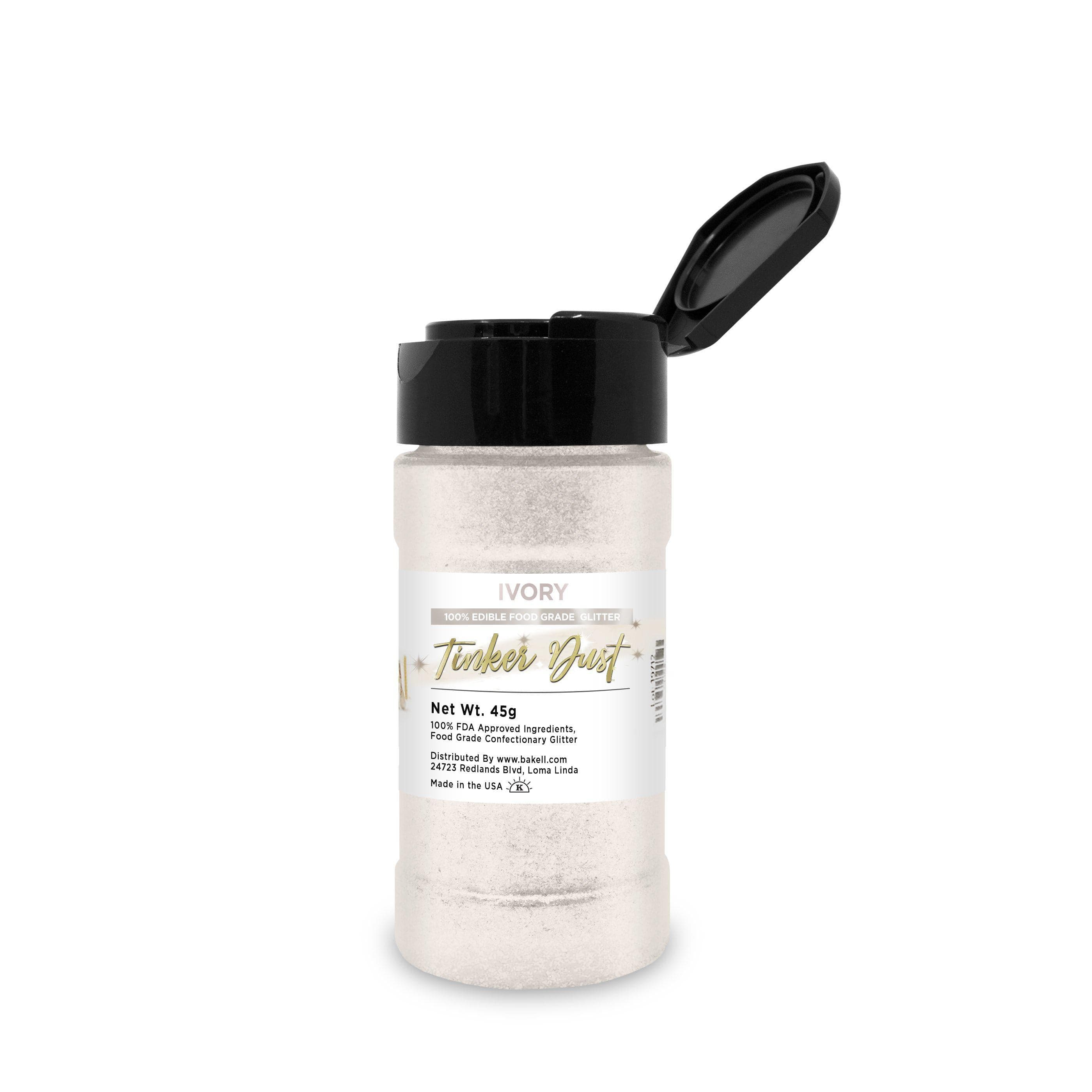 45g bulk size Ivory Tinker Dust edible glitter shaker with an open black lid.
